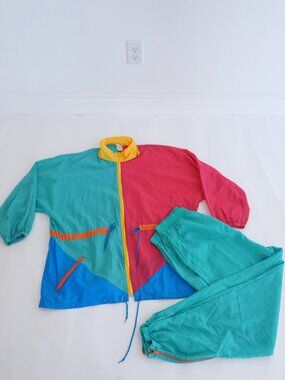 Vintage Lady Dame Plus Colorblock Nylon Tracksuit Jacket Windbreaker Set XXL